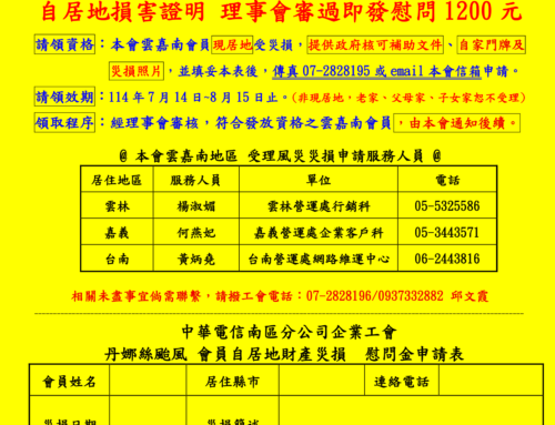 快訊134-本會雲嘉南會員若遭逢丹娜絲風災災損 經提供政府補助文件及佐證資料 得向本會申請災損慰問金1200元